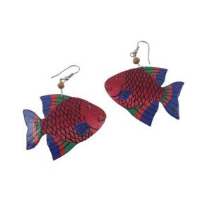 Vtg Tropical Funky Fish Handpainted Dangle Earrings Beachy Bohemian Tropicalcore
